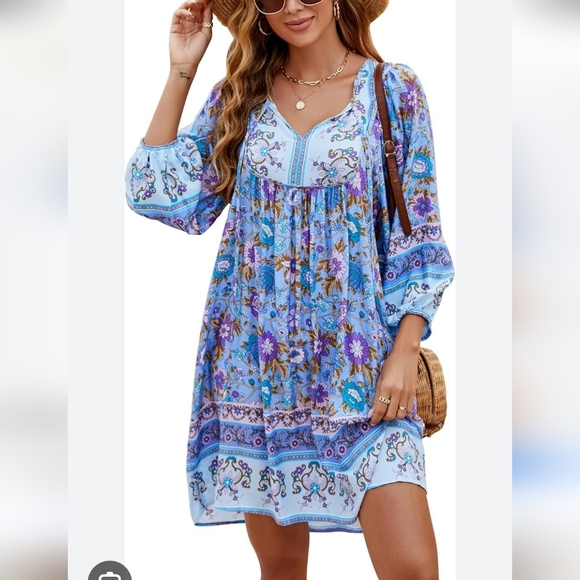 Bluetime Dresses & Skirts - Bluetime Elegant Floral Long Sleeve Dress in Blue
